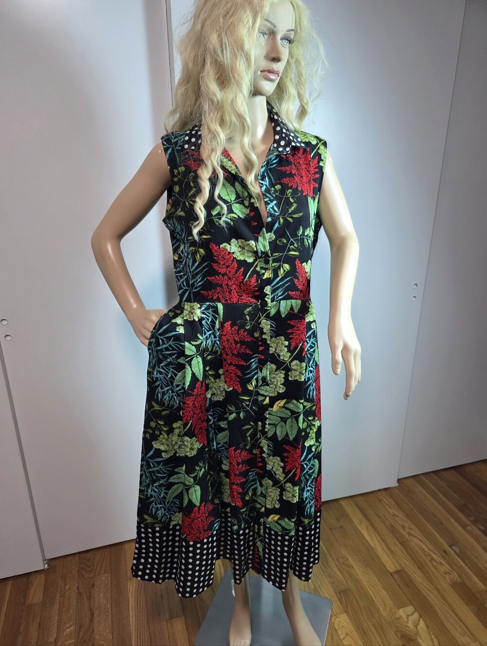 ELLI WHITE Floral & Polka Dot Sleeveless Shirt Dress Size L